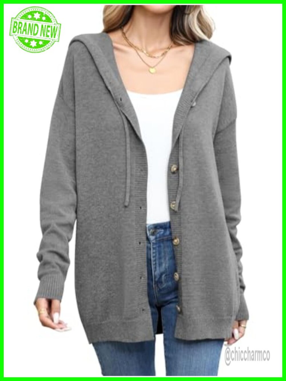 Knit Button V Neck Hooded Cardigan Sweatshirt